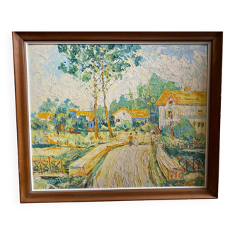 Ancienne huile sur panneau andré poirson 1954 + cadre bois vintage