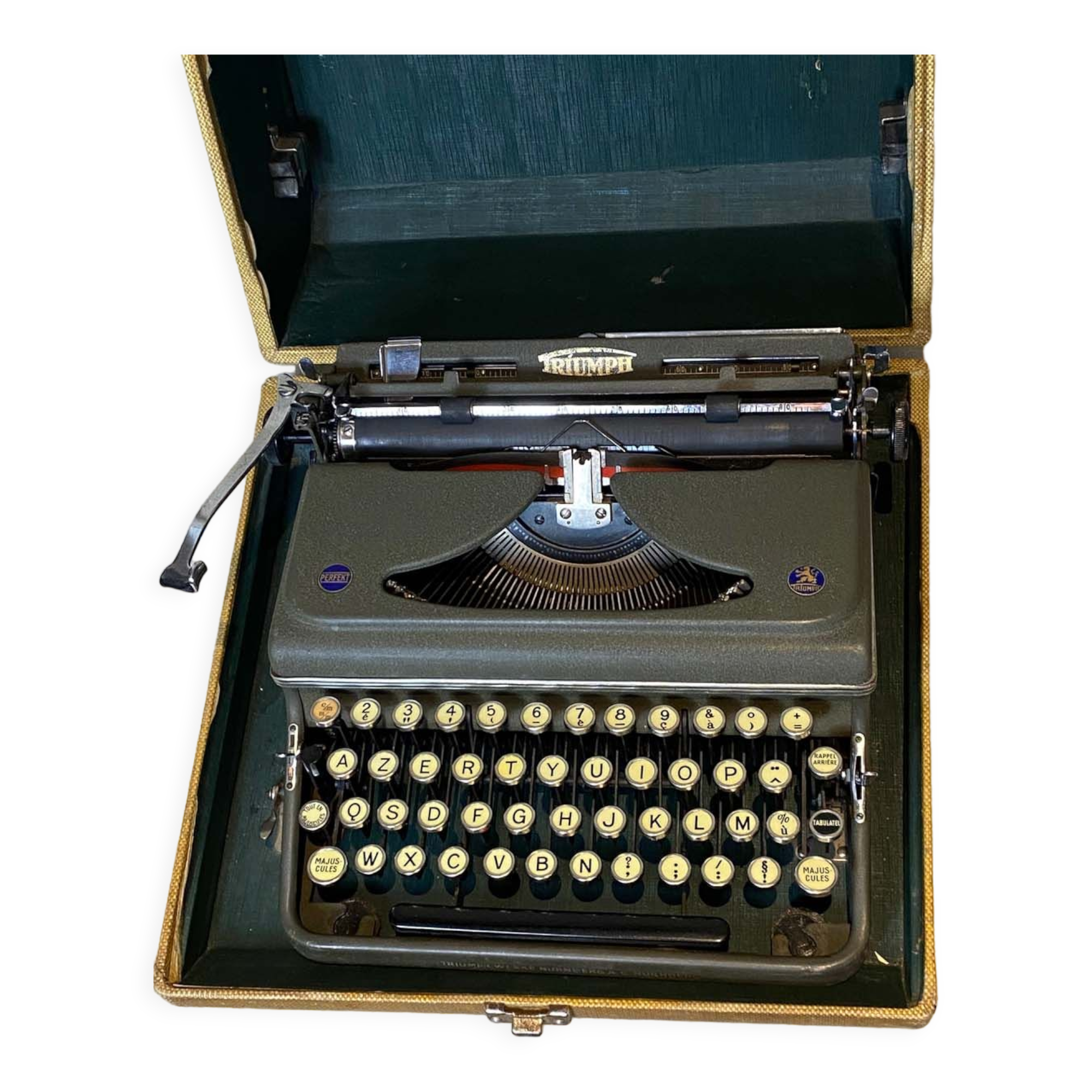 Triumph perfekt typewriter with its transport box.