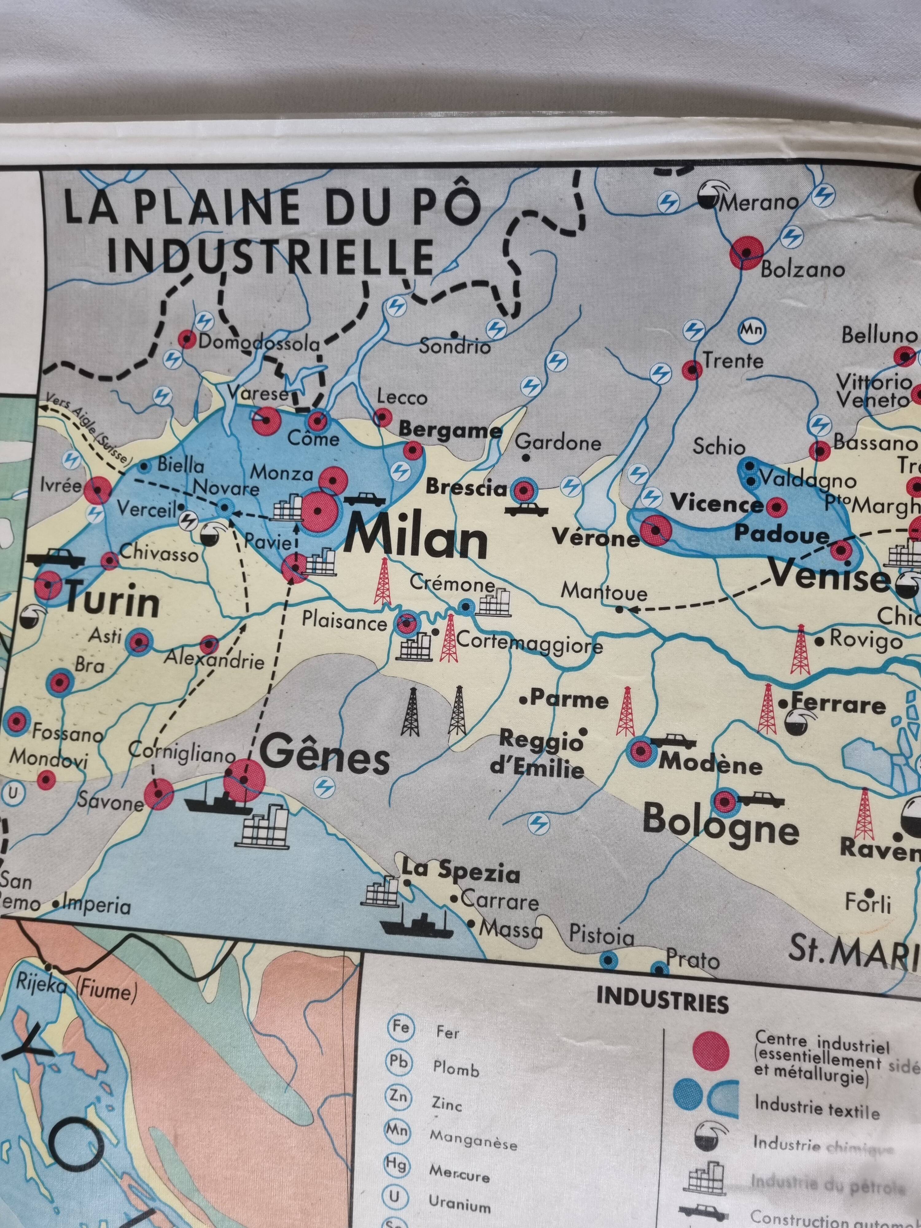 Pedagogical map MDI, 1968, reversible, physical map of Germany and economic map of Italy