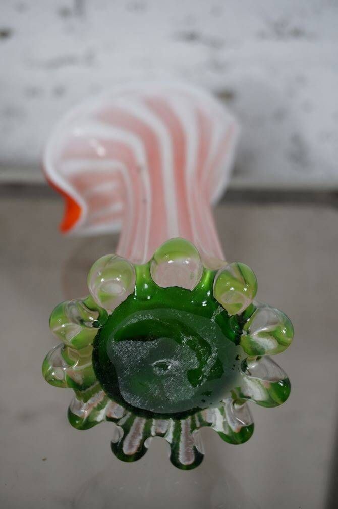Murano blown glass soliflore vase in the shape of a green and red Calla flower