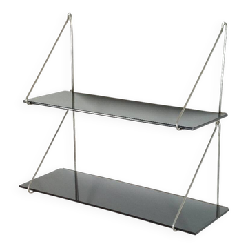 Mid-century vintage shelf in a loop shape, black glass and metal.