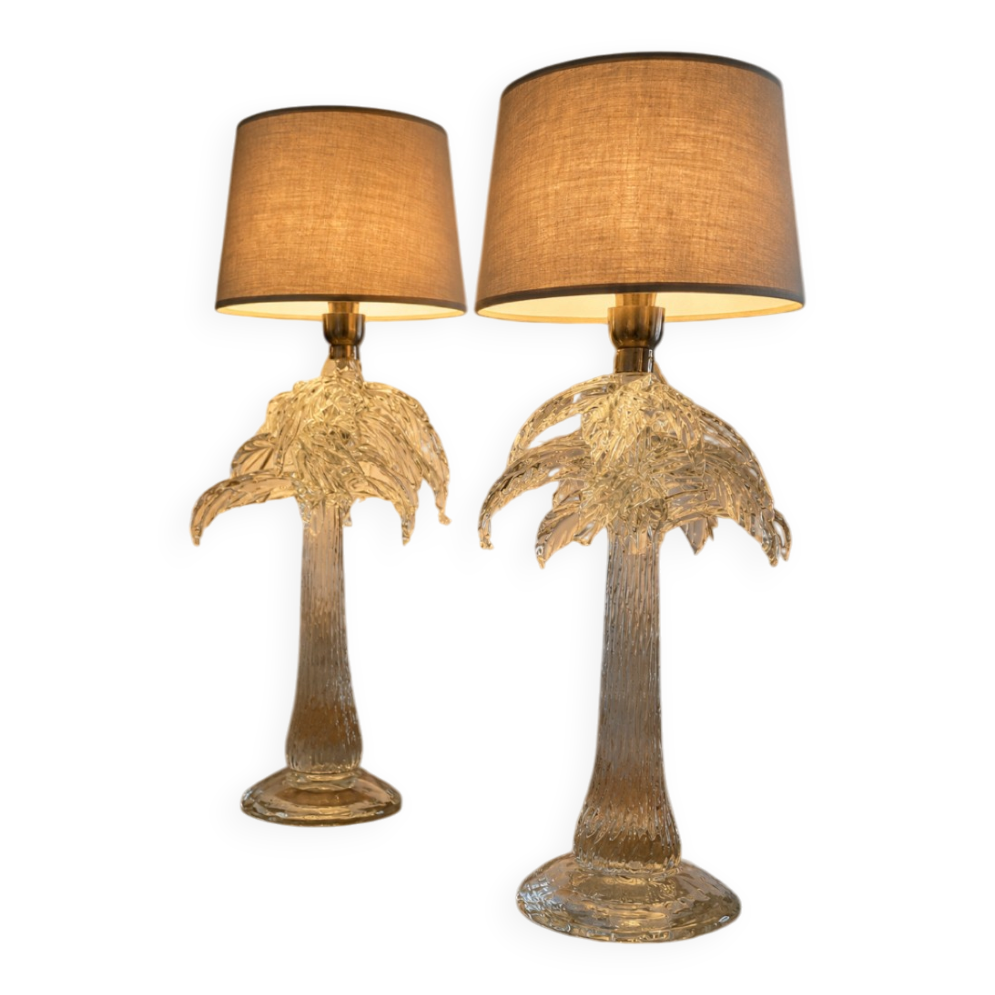 Important pair of Palm tree lamps in solid glass, Italian design ann.