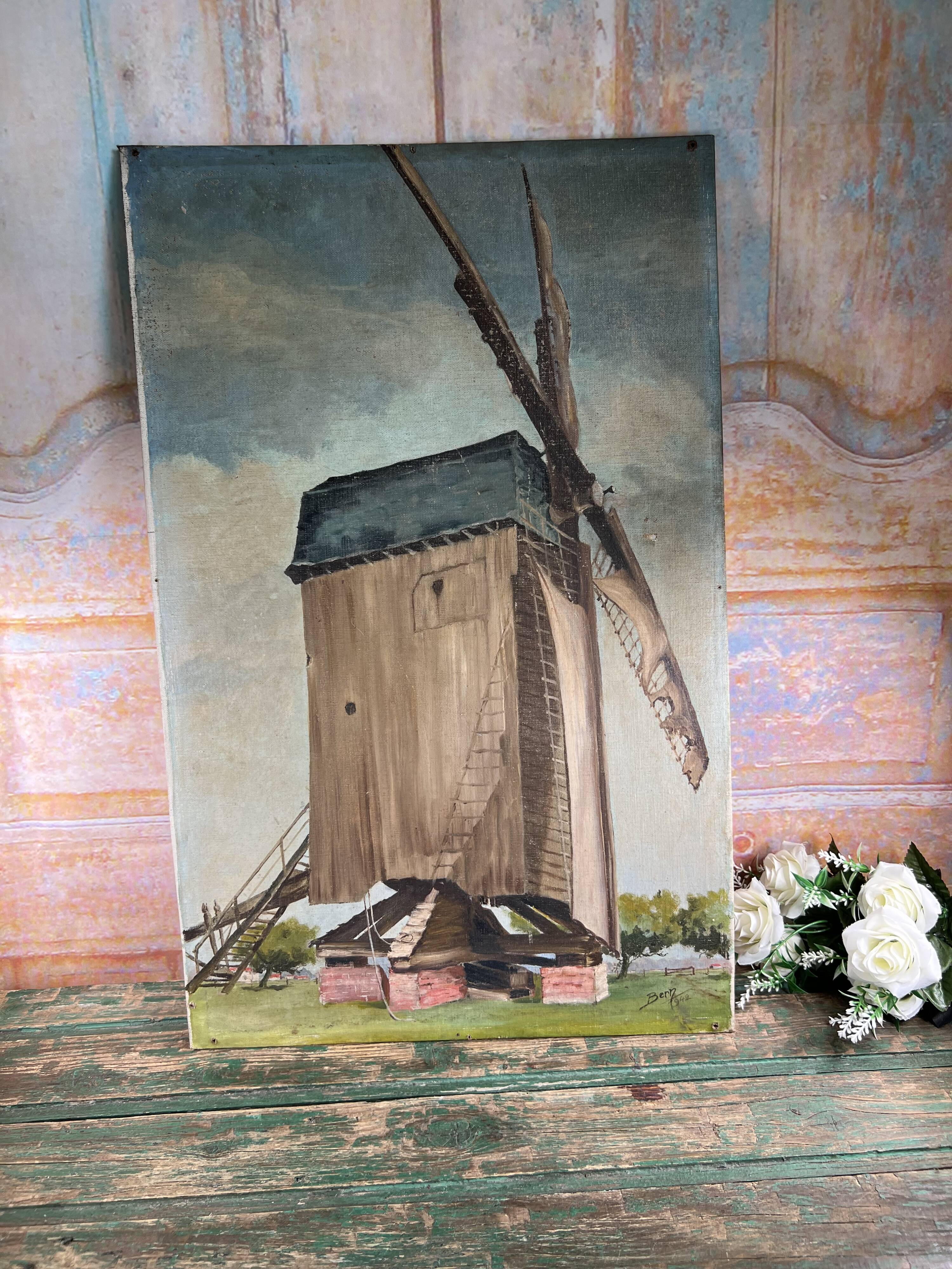 Large oil painting Moulin signed 1942