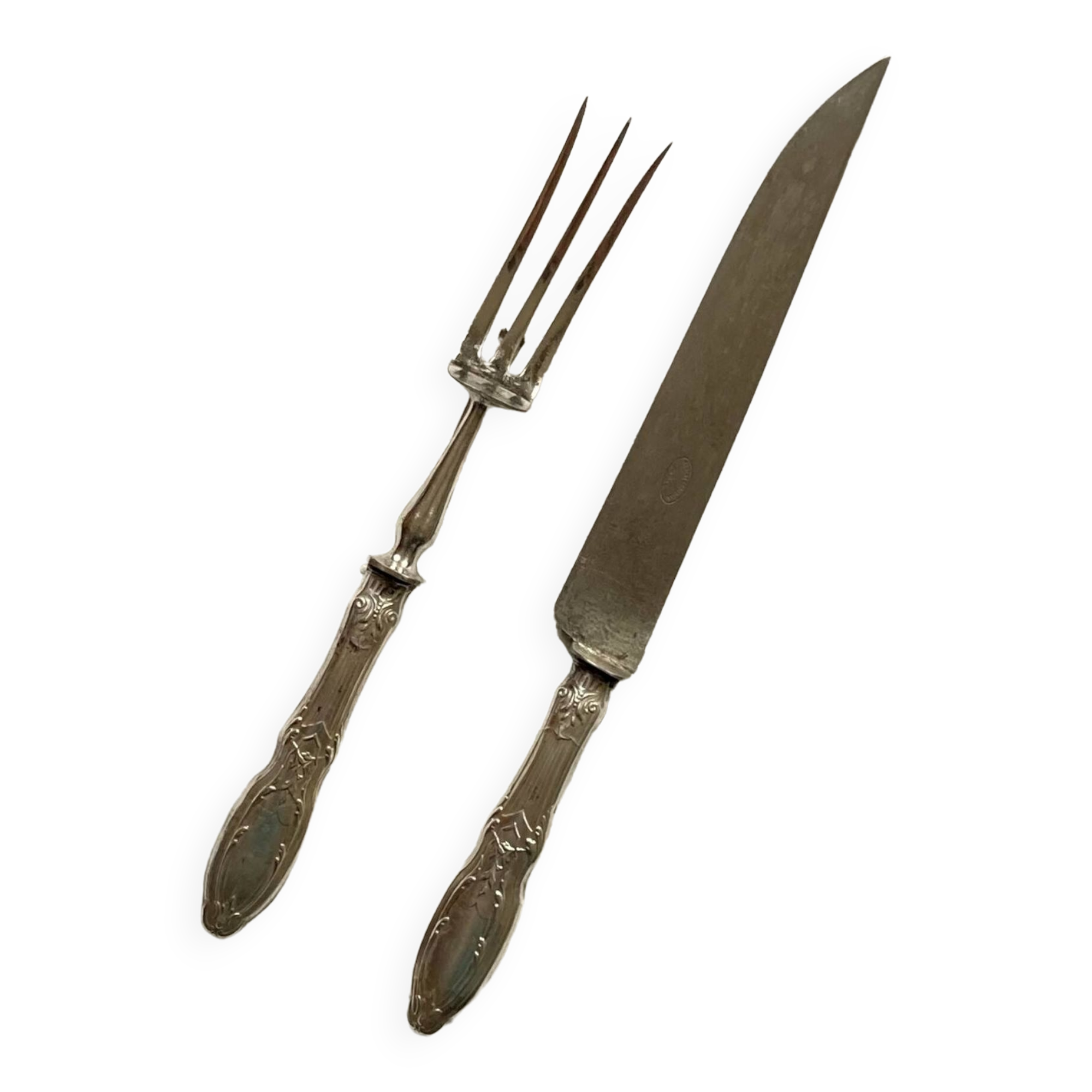 Fourchette à Gigot Art Déco, Métal Argenté Et Acier, Longueur 26 Cm, Occasion
