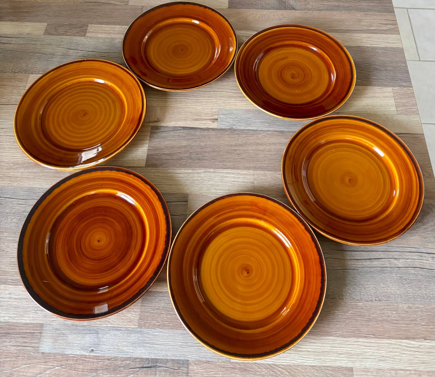Vintage set of 6 large brown Luneville plates