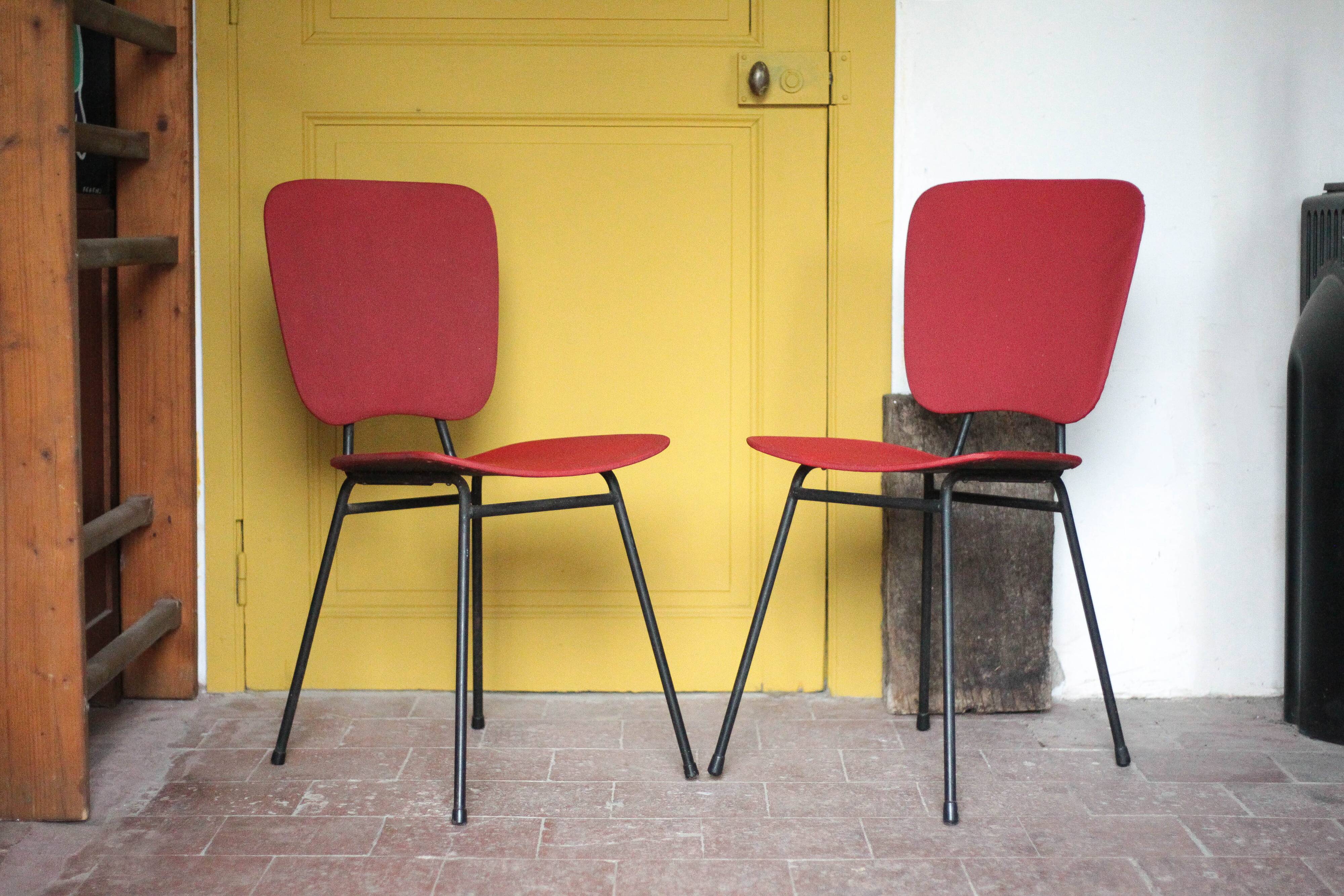 Pair of wooden and faux leather chairs from the 1950s, vintage chairs, retro.
