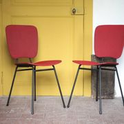 Pair of wooden and faux leather chairs from the 1950s, vintage chairs, retro.