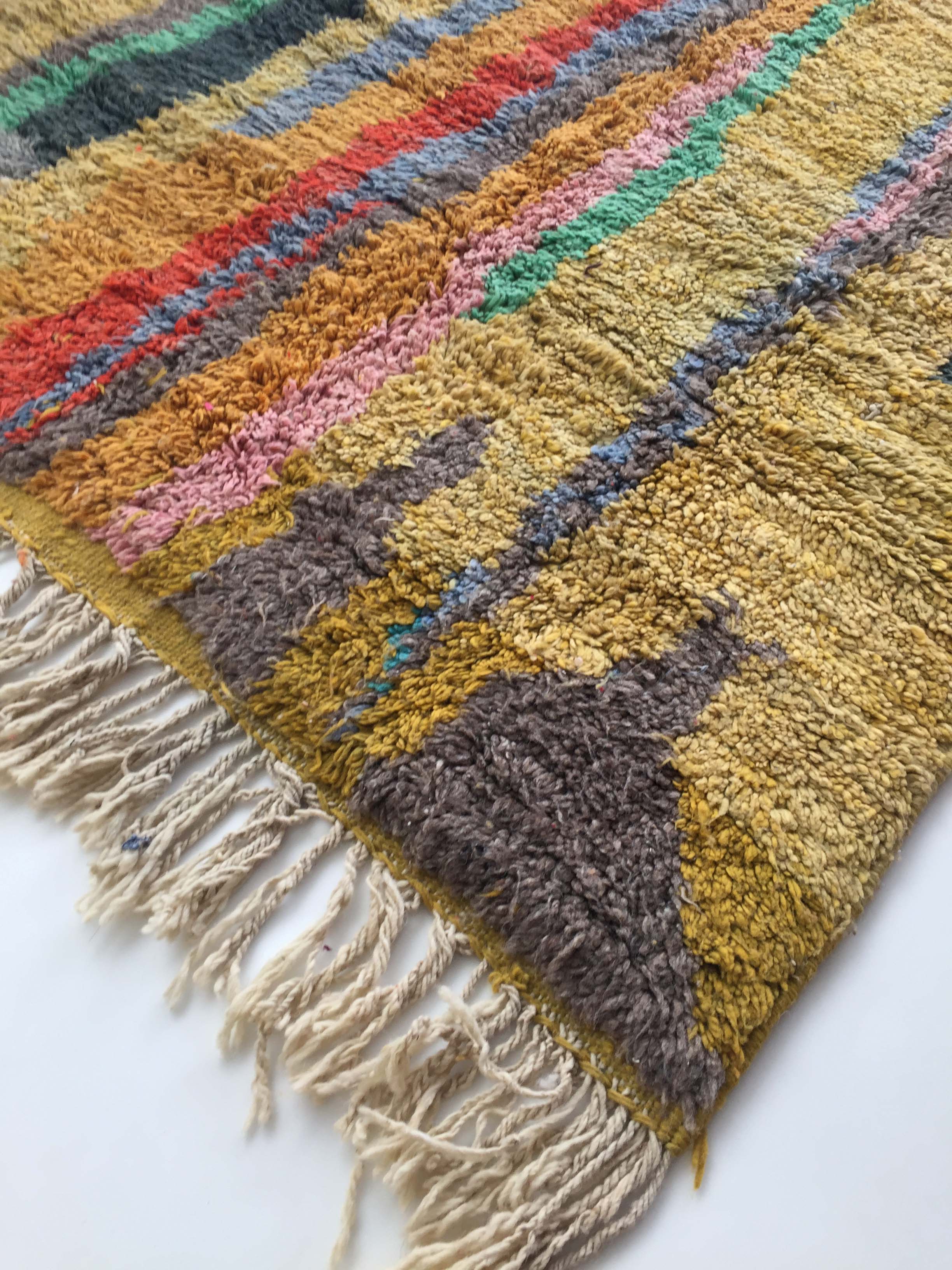 Moroccan Berber carpet Boujaad ochre with colorful patterns 253x142cm