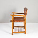19th century oak and cognac leather brutalist castellana spanish armchair