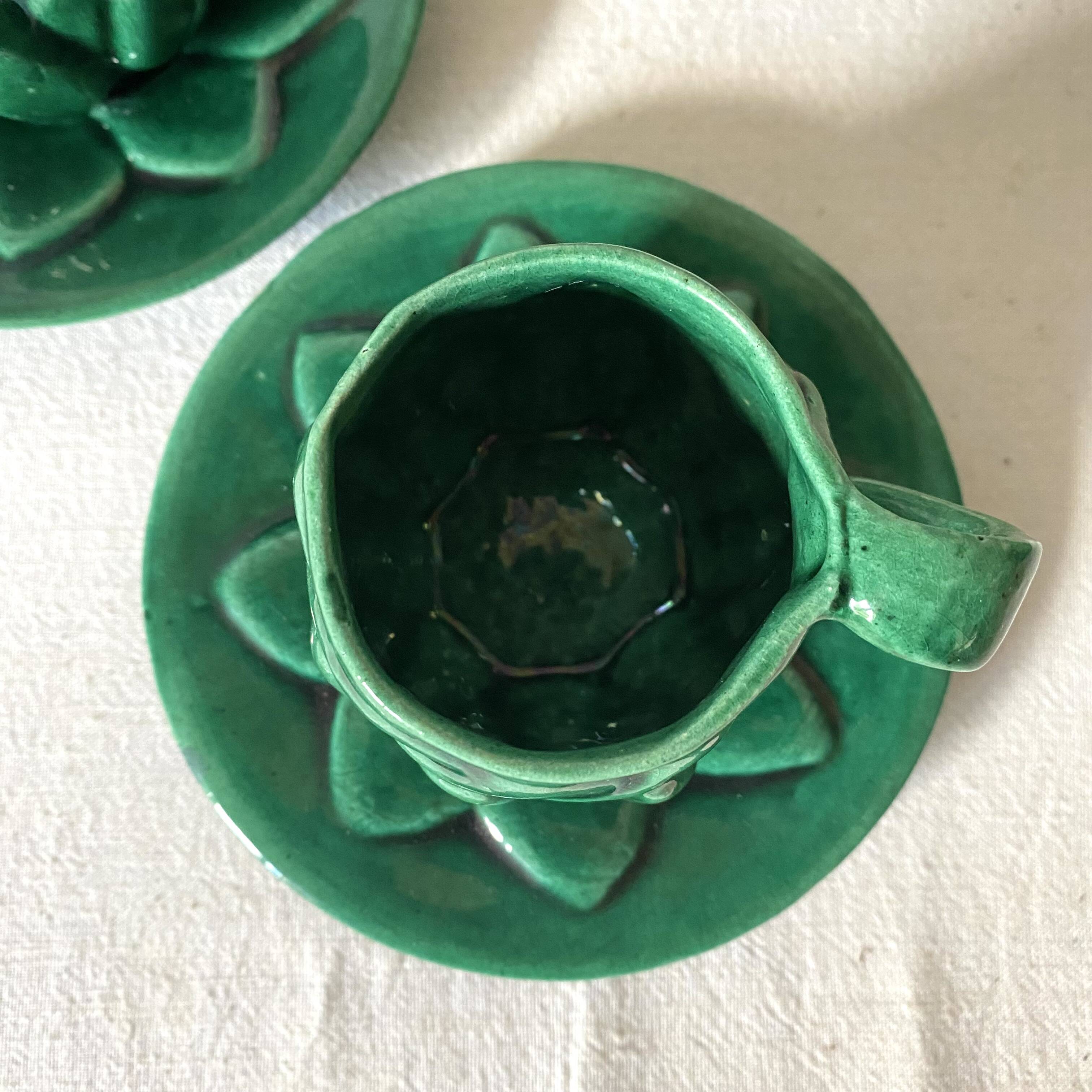 Antique slip cups with saucers, sugar bowl and milk pitcher