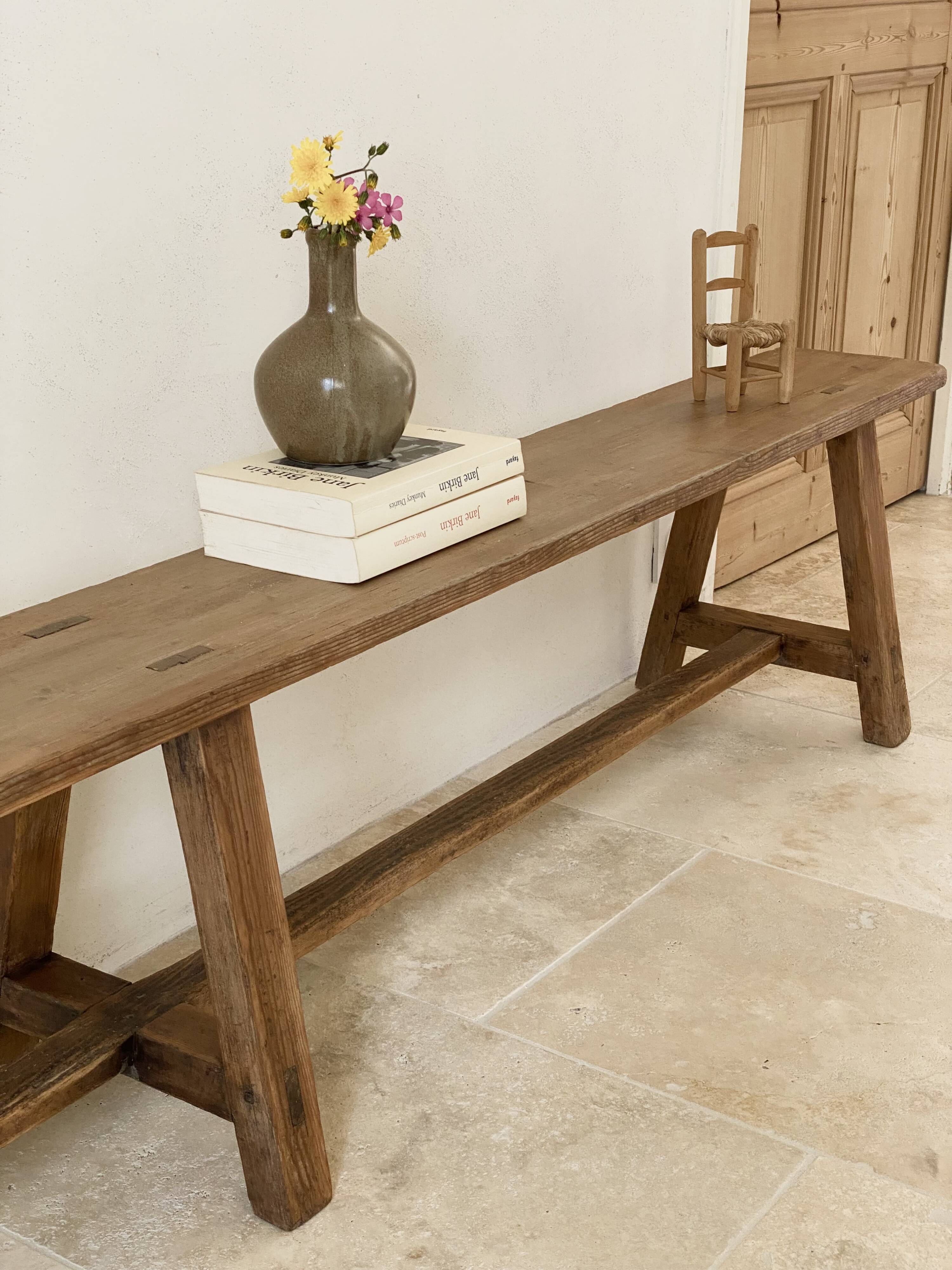 Large antique farmhouse bench 252 cm raw wood patinated