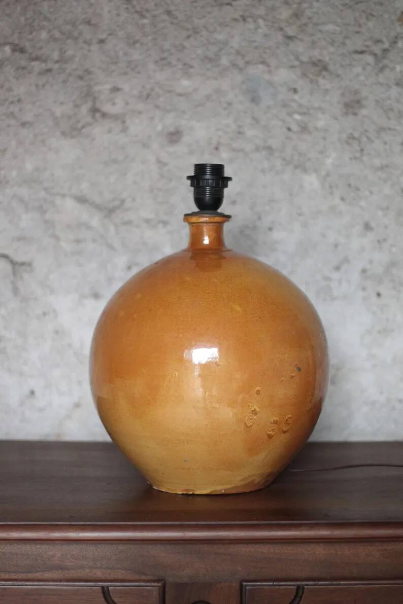 Large glazed terracotta lamp, signed globe lamp, vintage lamp, table lamp, living room lamp, interior decoration.