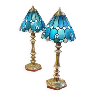 Paire lampe bronze ancienne art nouveau abat jour verre 48x19 vitrail