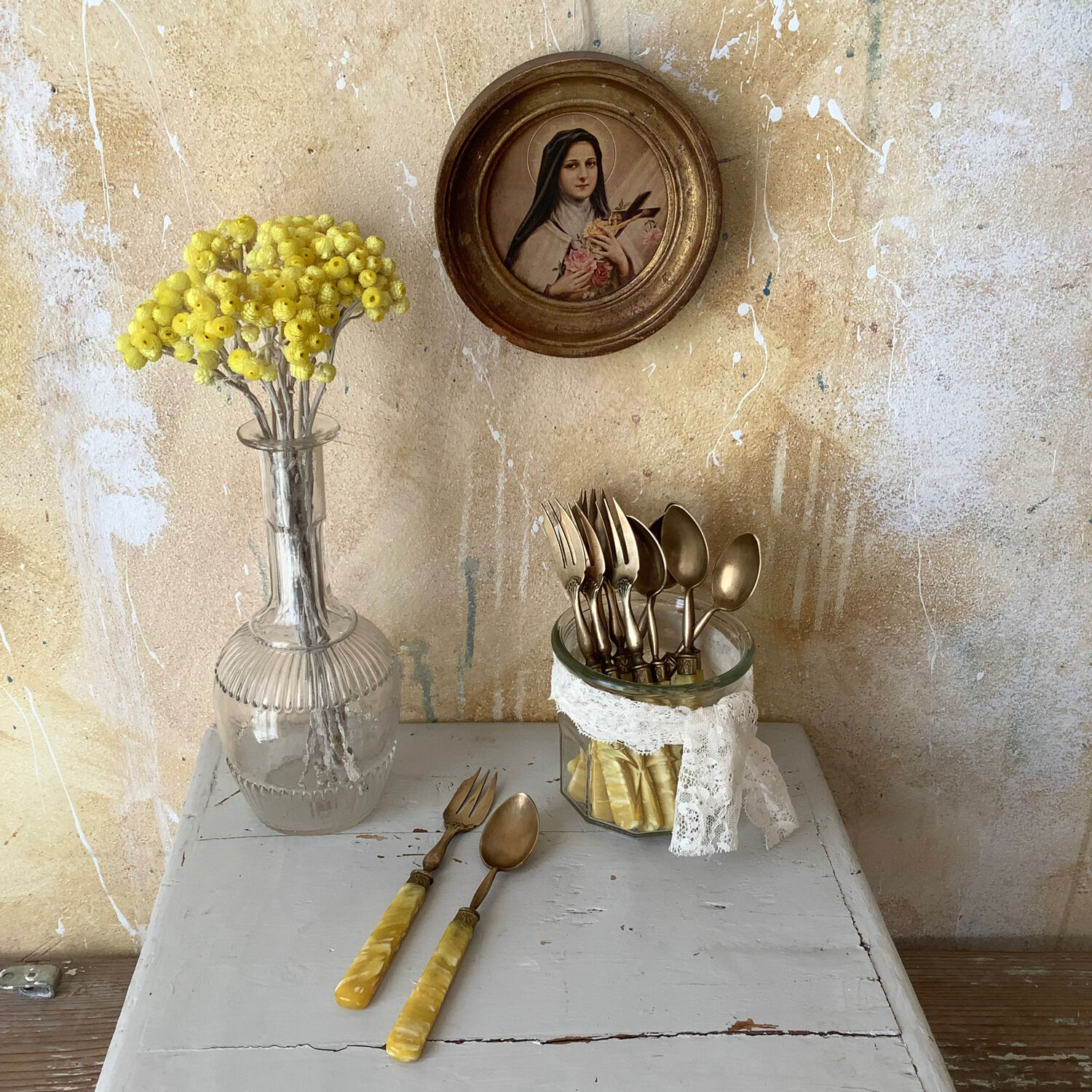 Brass and bakelite dessert cutlery