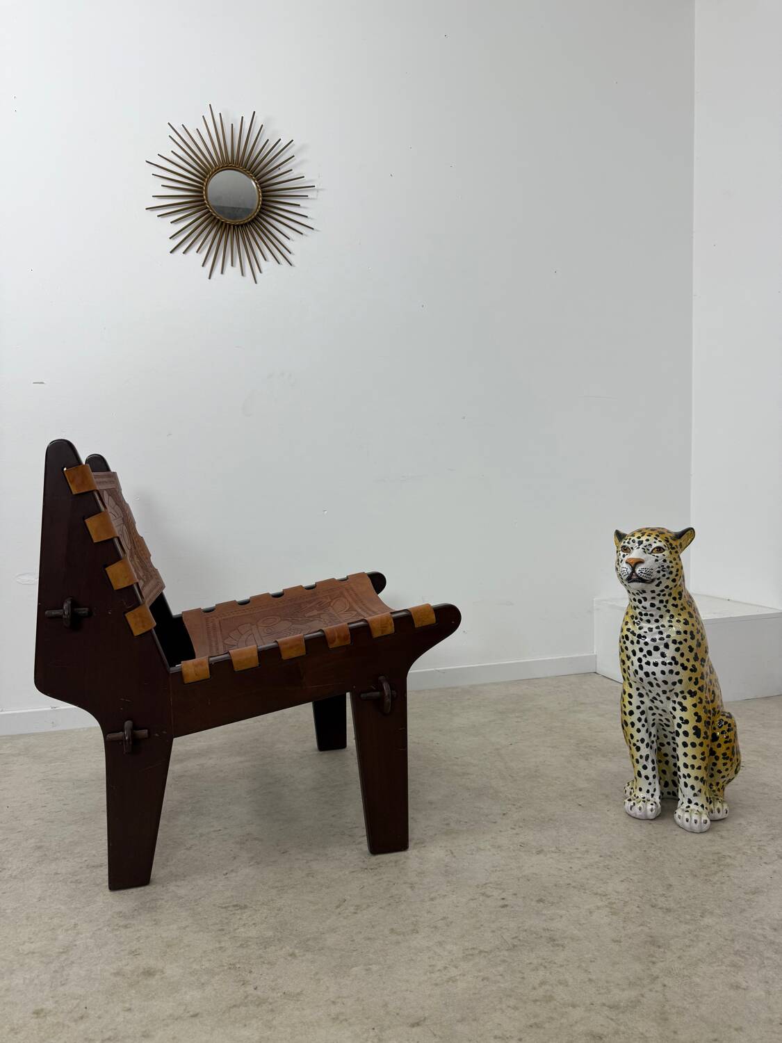 Vintage teak and leather armchair design Angel Pazmino brand Ecuador vintage 1960