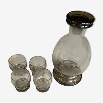 Smoked glass carafe and four glasses