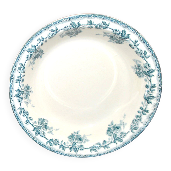 Plat creux, saladier à décor fleuri de roses bleu-vert Choisy le roi Hippolyte Boulenger