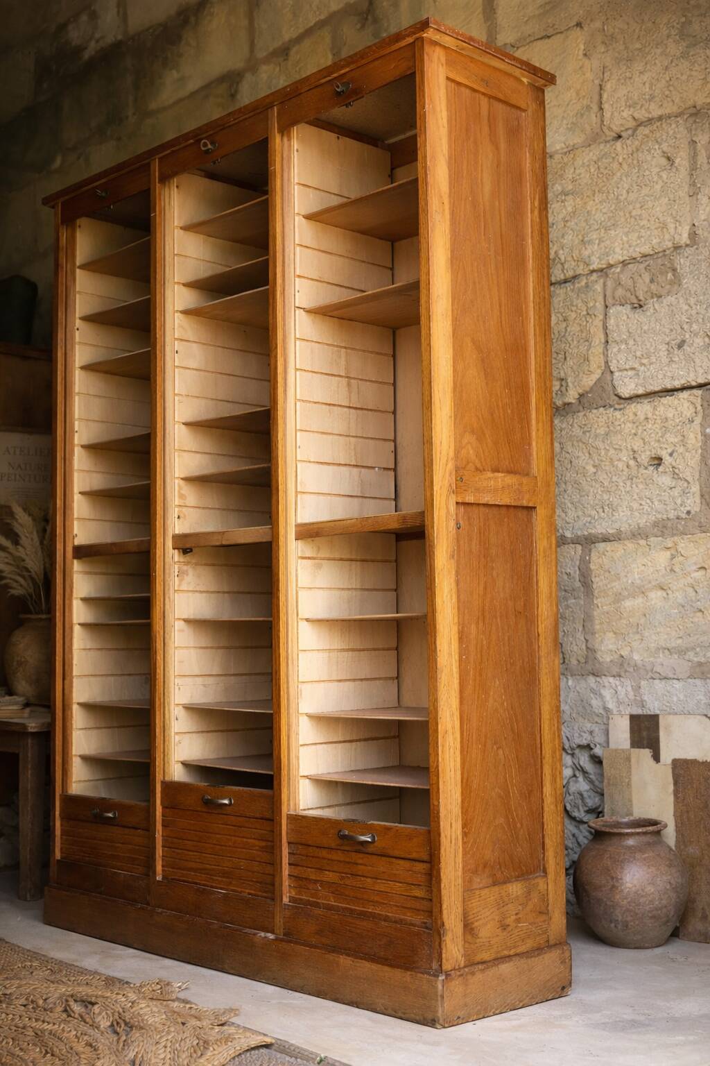 Oak workshop cabinet with curtains – antique triple column