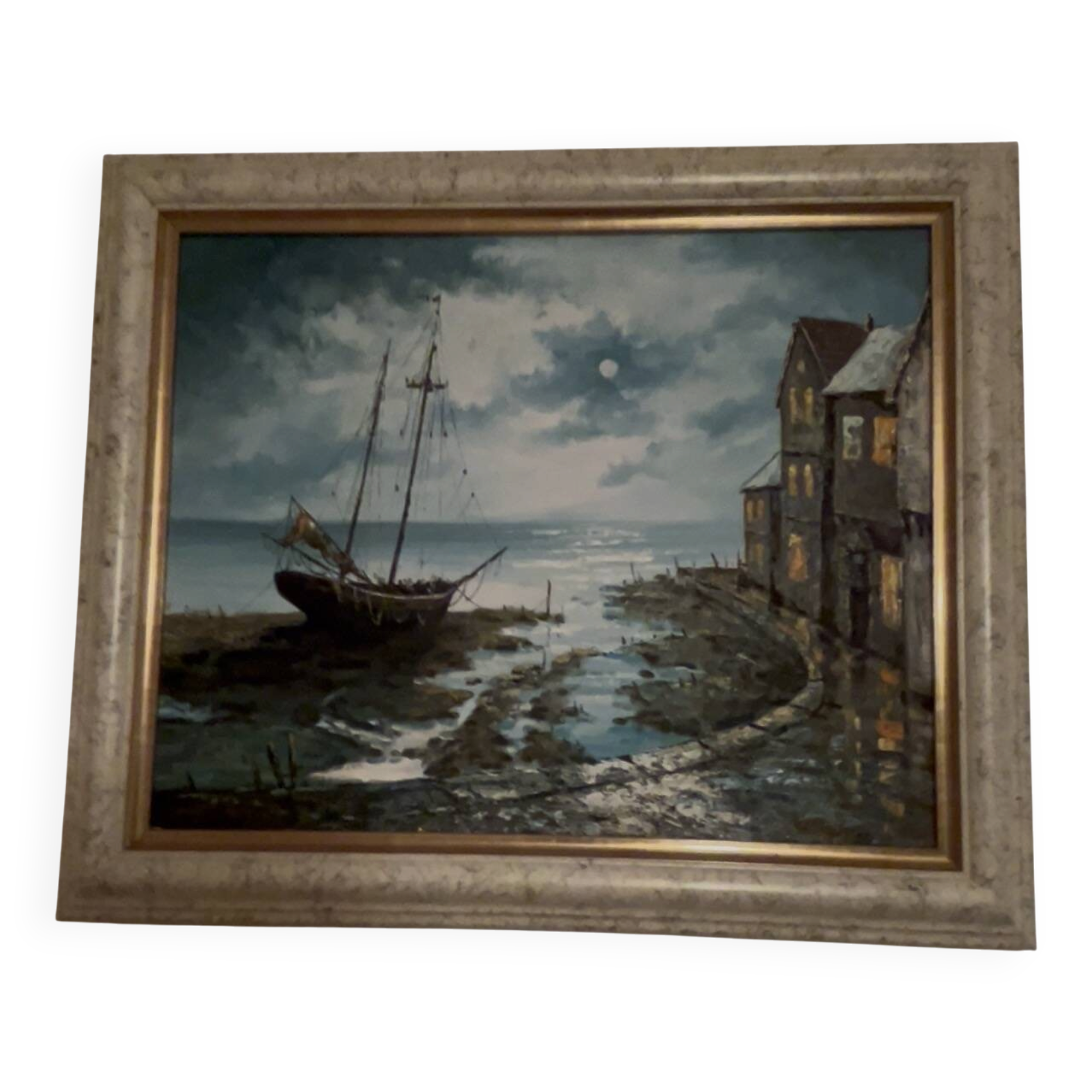 Marine Nocturne - Original oil on linen canvas signed by Barton