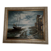 Marine Nocturne - Original oil on linen canvas signed by Barton