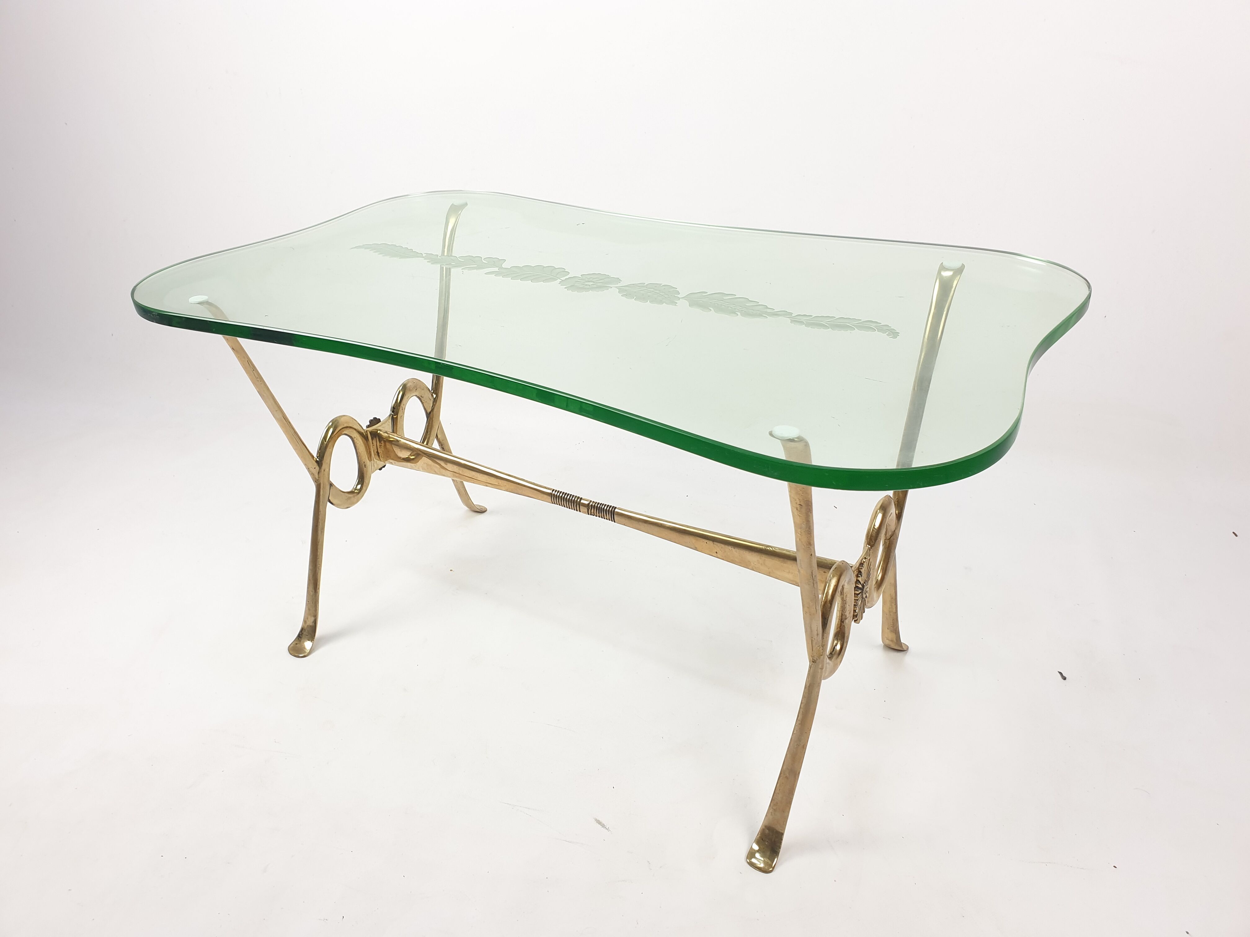 Italian coffee table with etched glass and brass base, 1960