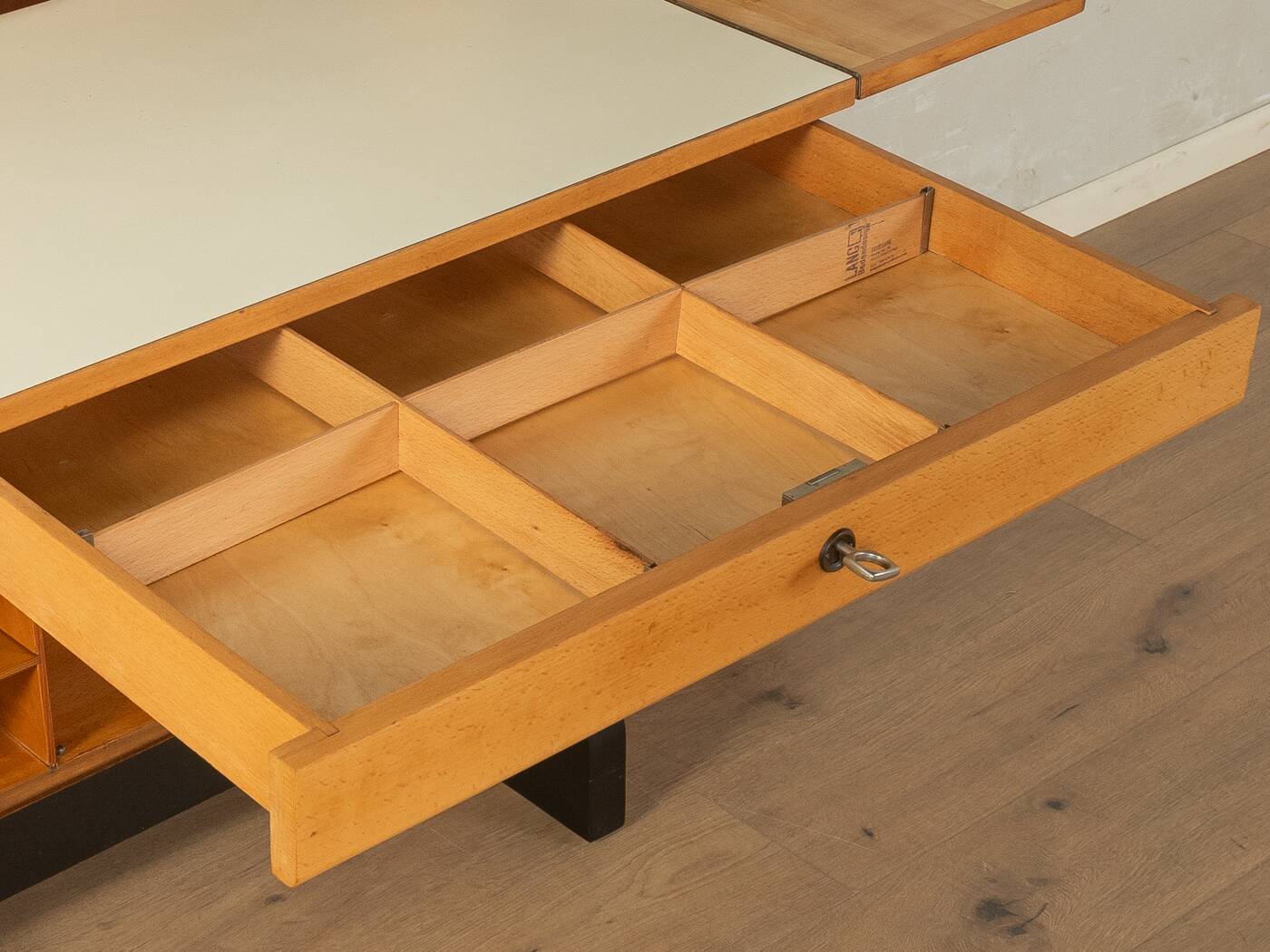Classic home office from the 1950s, walnut veneer, illuminated interior