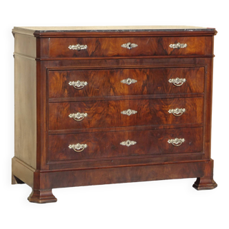 old chest of drawers in walnut and burr walnut, gray marble top