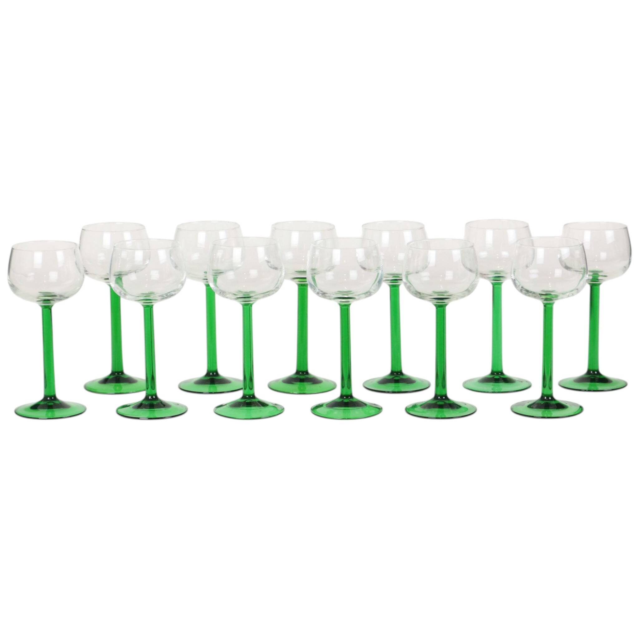 Set of 12 Vintage Luminarc Alsace Wine Glasses Thick Green Stems
