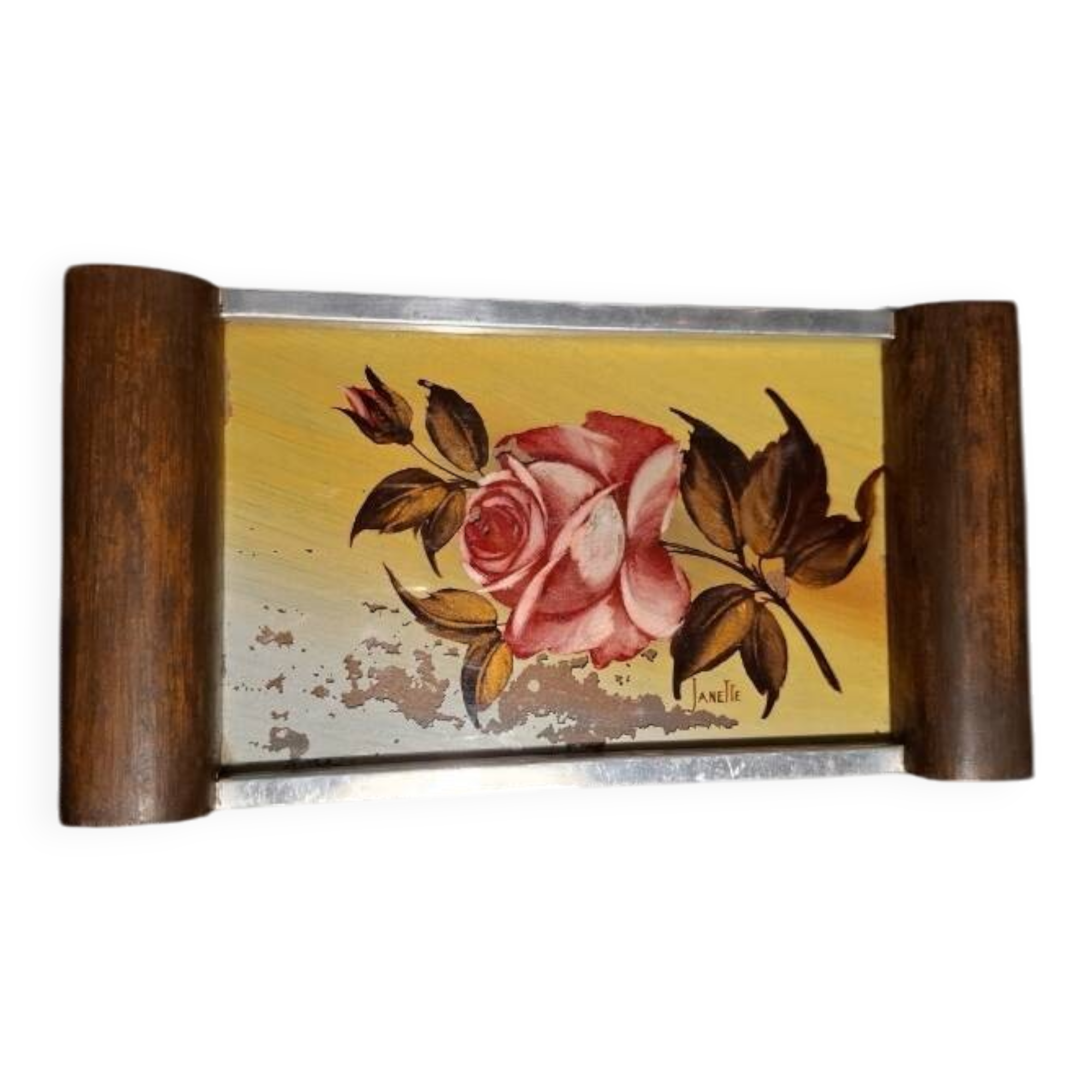 Plateau Art Déco peinture sur verre et bois