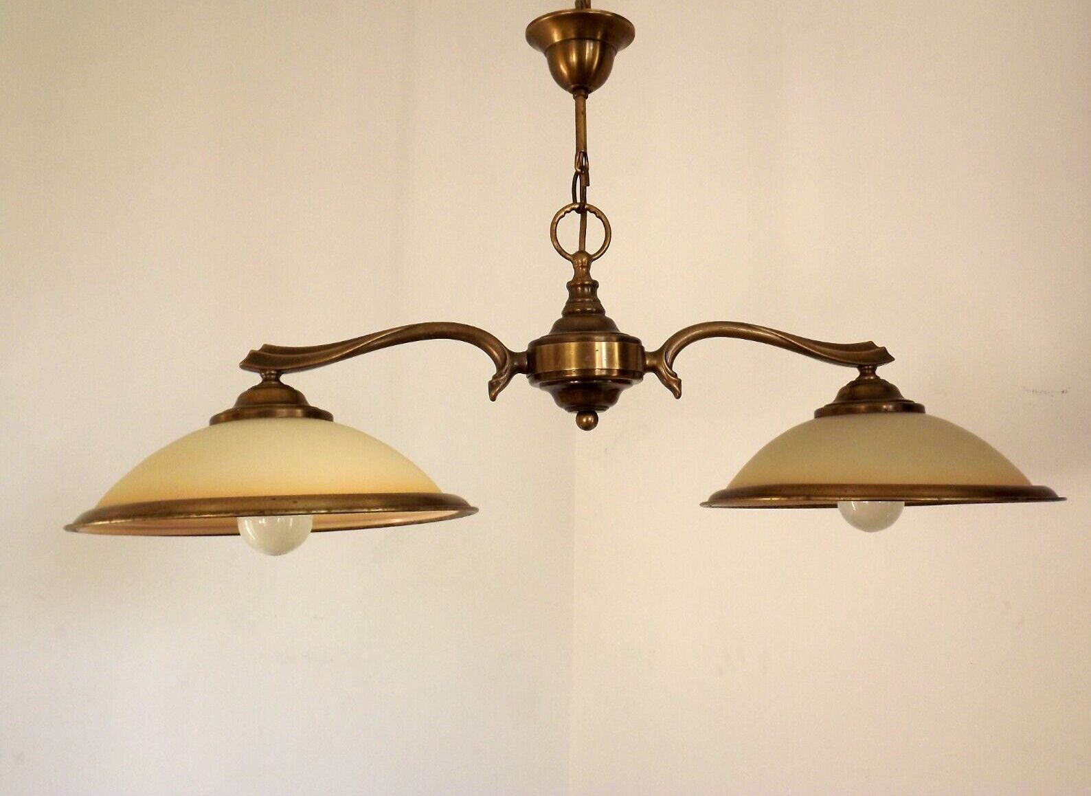 French Mid Century Bronze Billiard Light 2 Cream Amber Round Glass Shades 3921