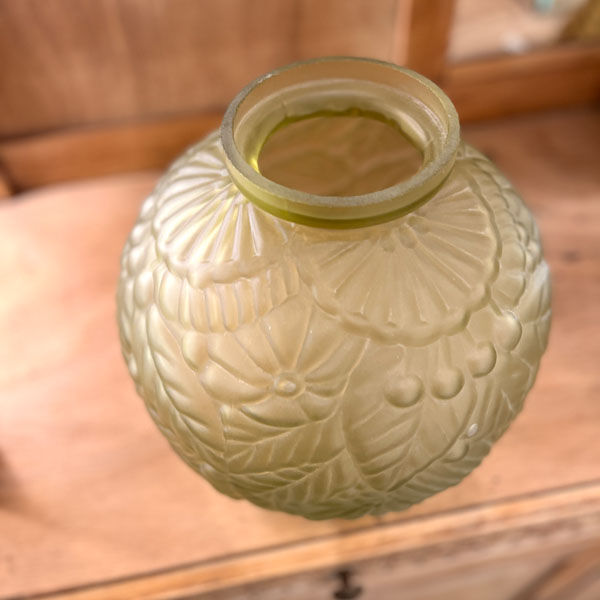 Large Art Deco ball vase in frosted glass ocher yellow