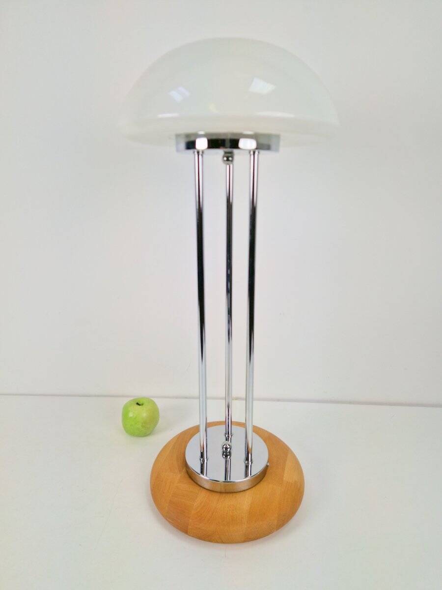 Vintage Mushroom Opaline Glass and Chrome Table Lamp, 1970s