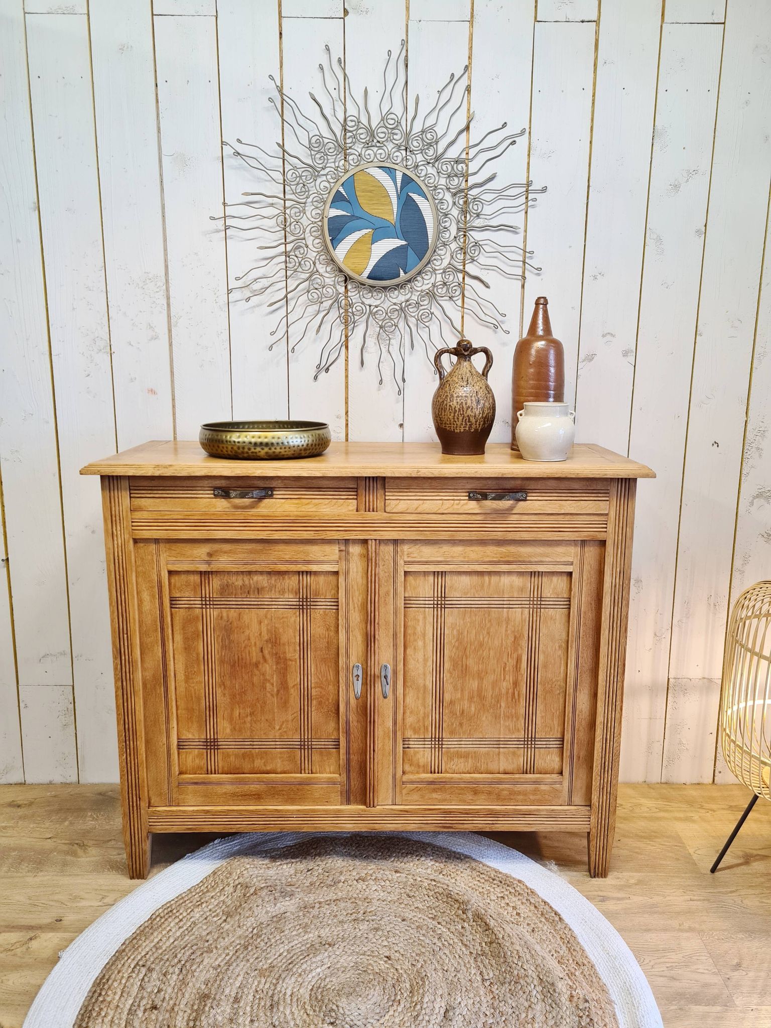 Old solid wood sideboard 2 doors and 2 drawers renovated