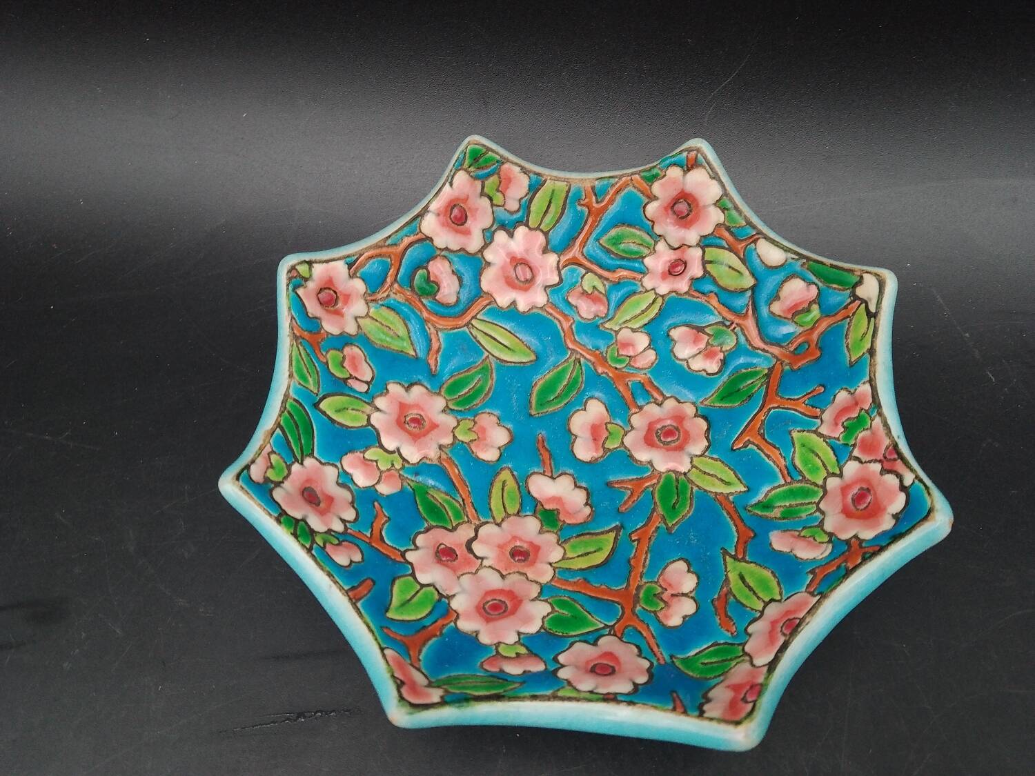 Longwy Enamel Bowl Octagonal apple blossoms circa 1930