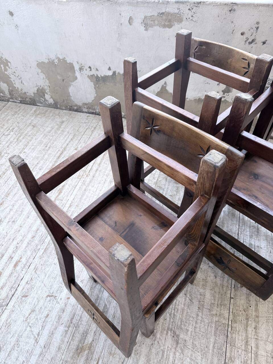 Set of 4 Savoyard pine folk art chairs from the 1950s.