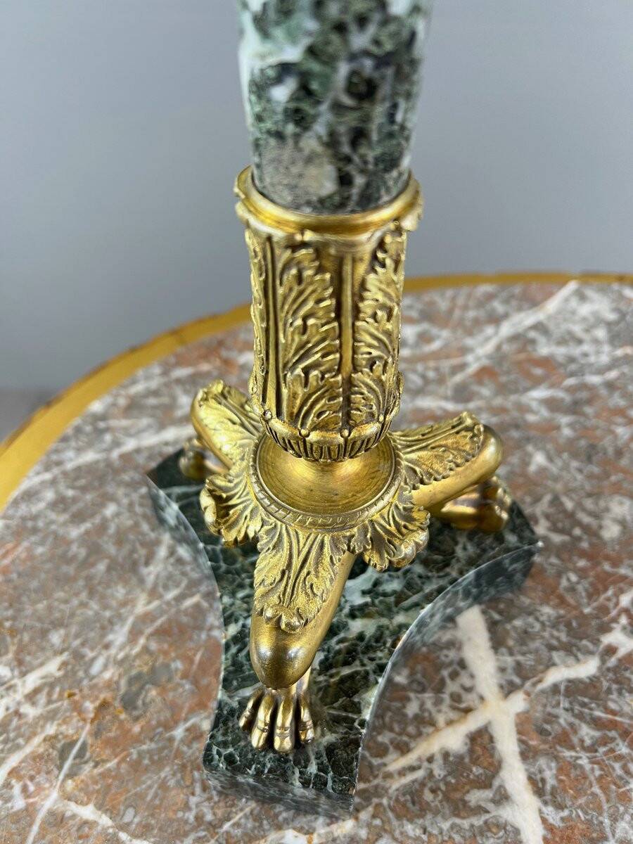 Pair of candelabra in gilt bronze and green marble, 19th century
