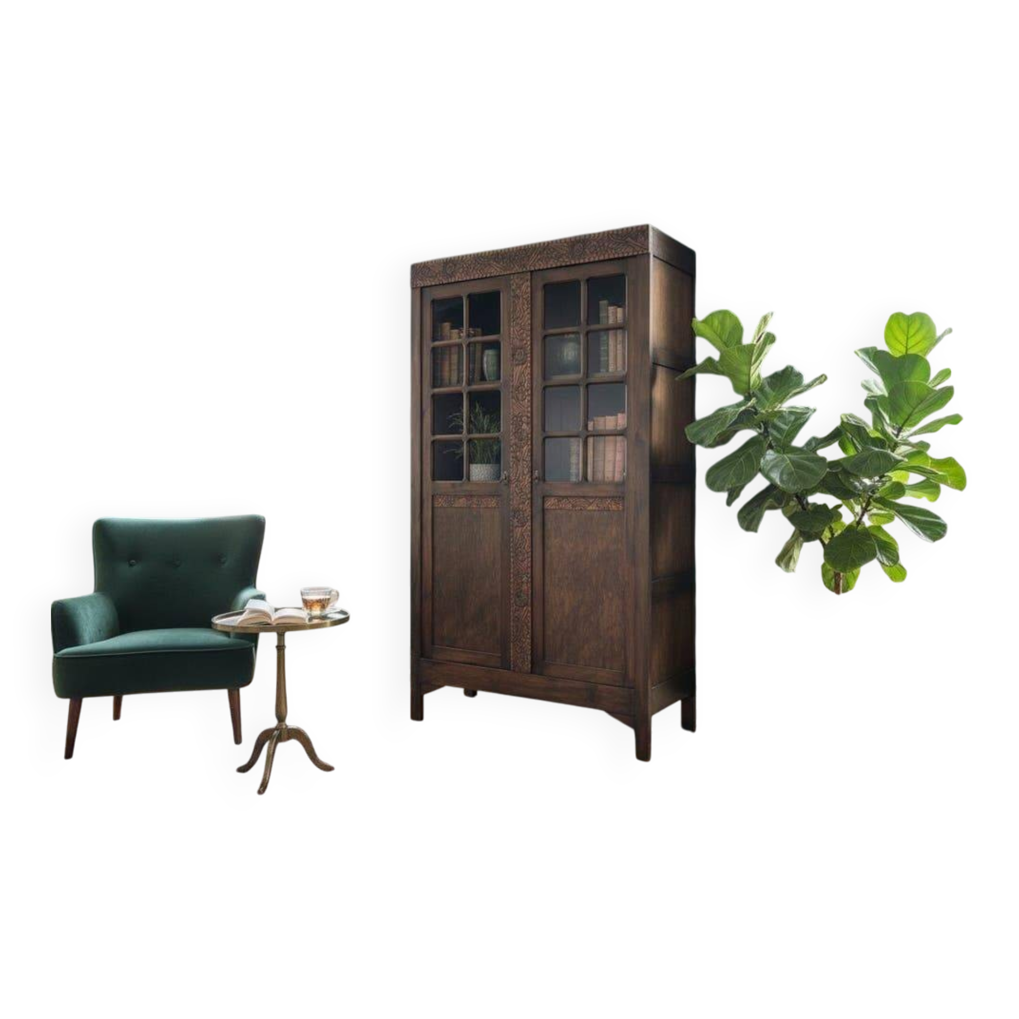 Vintage display cabinet/shelf in dark wood with glass.