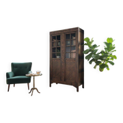 Bibliothèque vitrée vintage en bois foncé