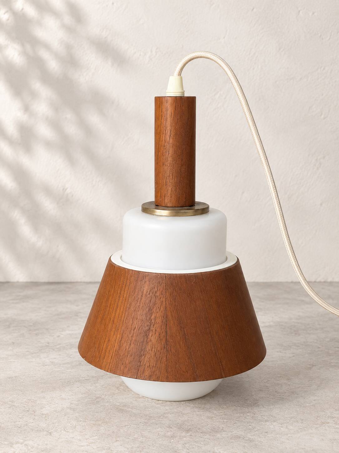 Vintage 3-light suspension in teak and white opaline – 1960s/70s