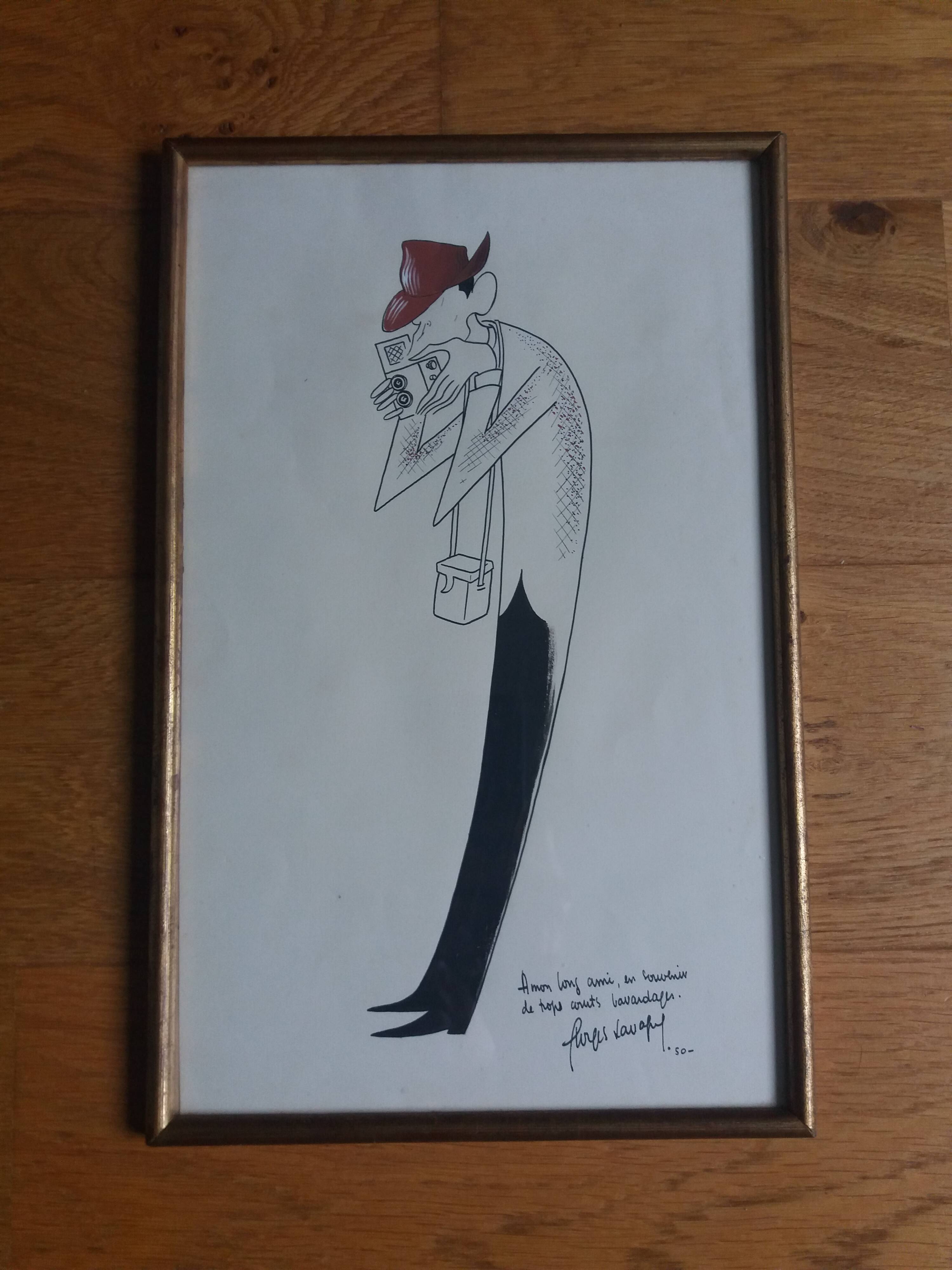 Caricature drawing signed by Georges Lavagne 1950