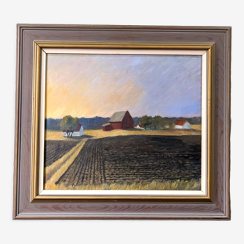 1992 Vintage Modernist Swedish "Sunset Fields" Rural Landscape Oil Painting, Framed