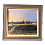 1992 Vintage Modernist Swedish "Sunset Fields" Rural Landscape Oil Painting, Framed