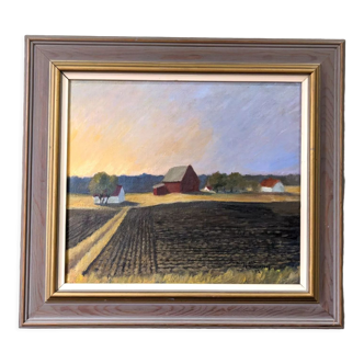 1992 Vintage Modernist Swedish "Sunset Fields" Rural Landscape Oil Painting, Framed