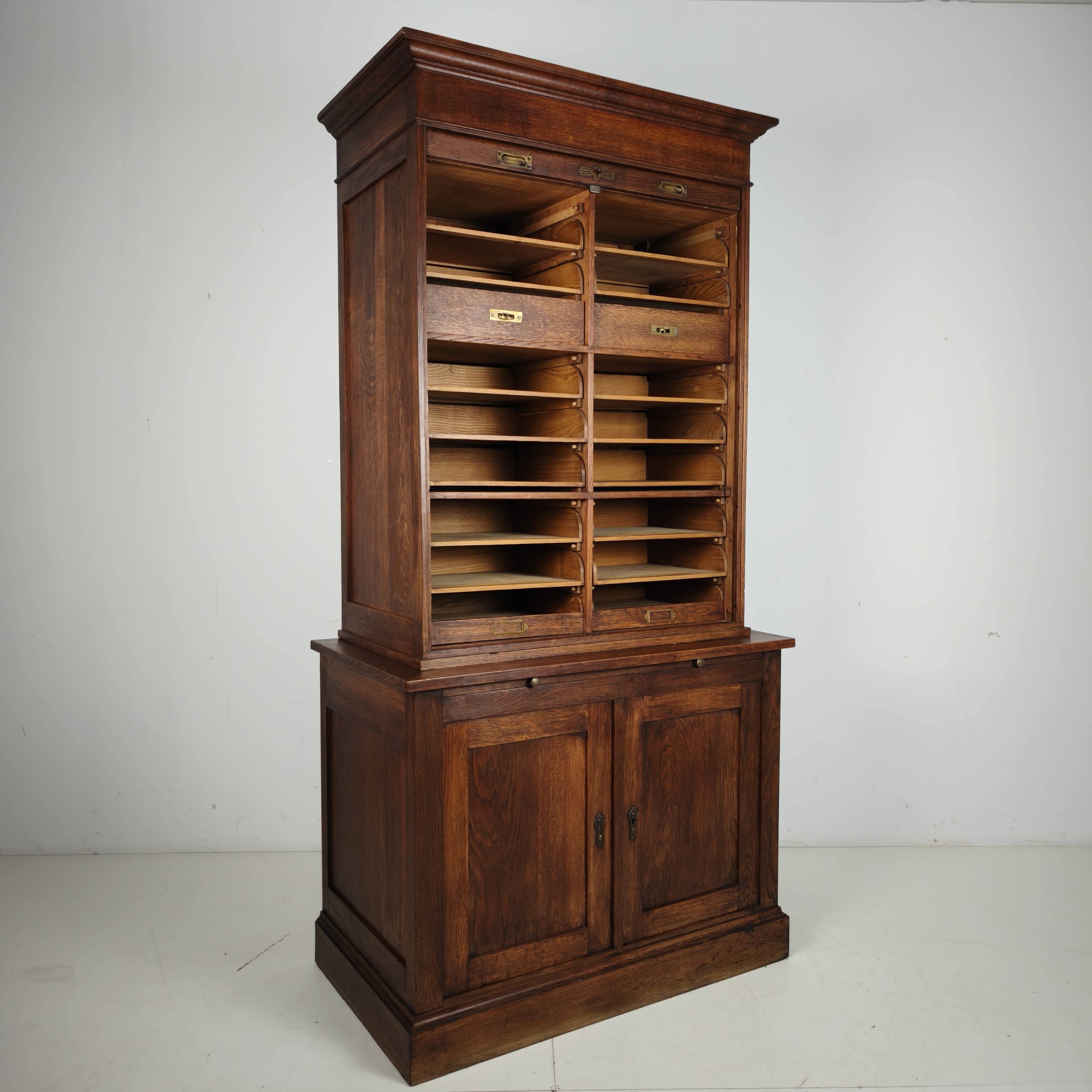 1930s Dutch Oak Roll-Top Notary Cabinet / Archive Cabinet