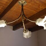 Three-spoke brass and glass chandelier