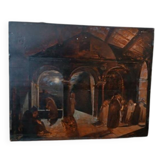 Ancient Table Large Sketch in Oil on Panel Convent of the Brothers 19th Century