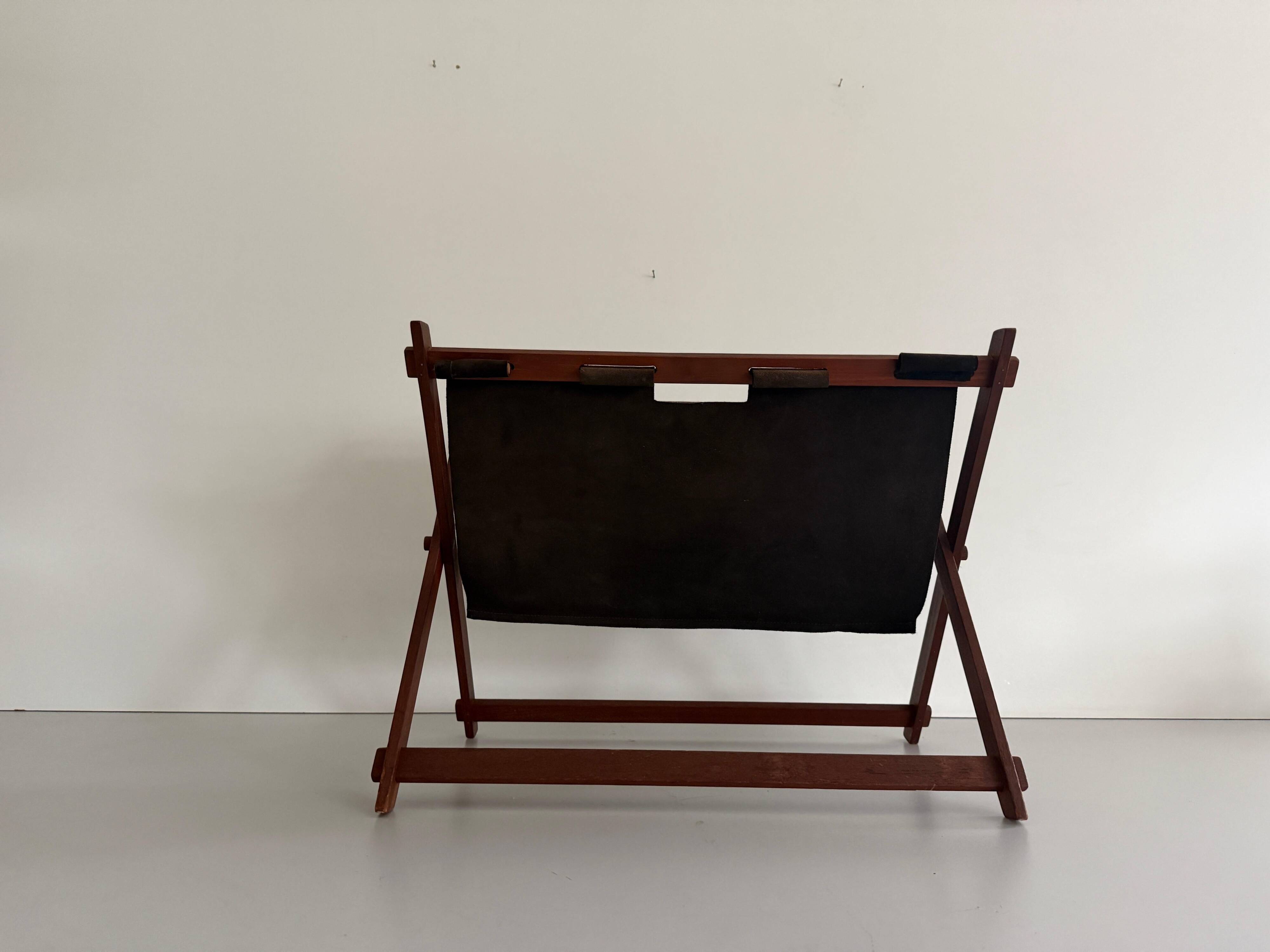 Support stand for mid-century teak and suede magazines and newspapers, 1960, Germany.