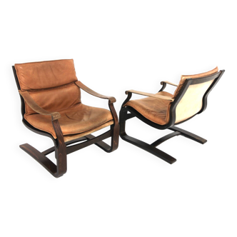 Set of 2 Scandinavian Nelo leather armchairs, Norway, 1970