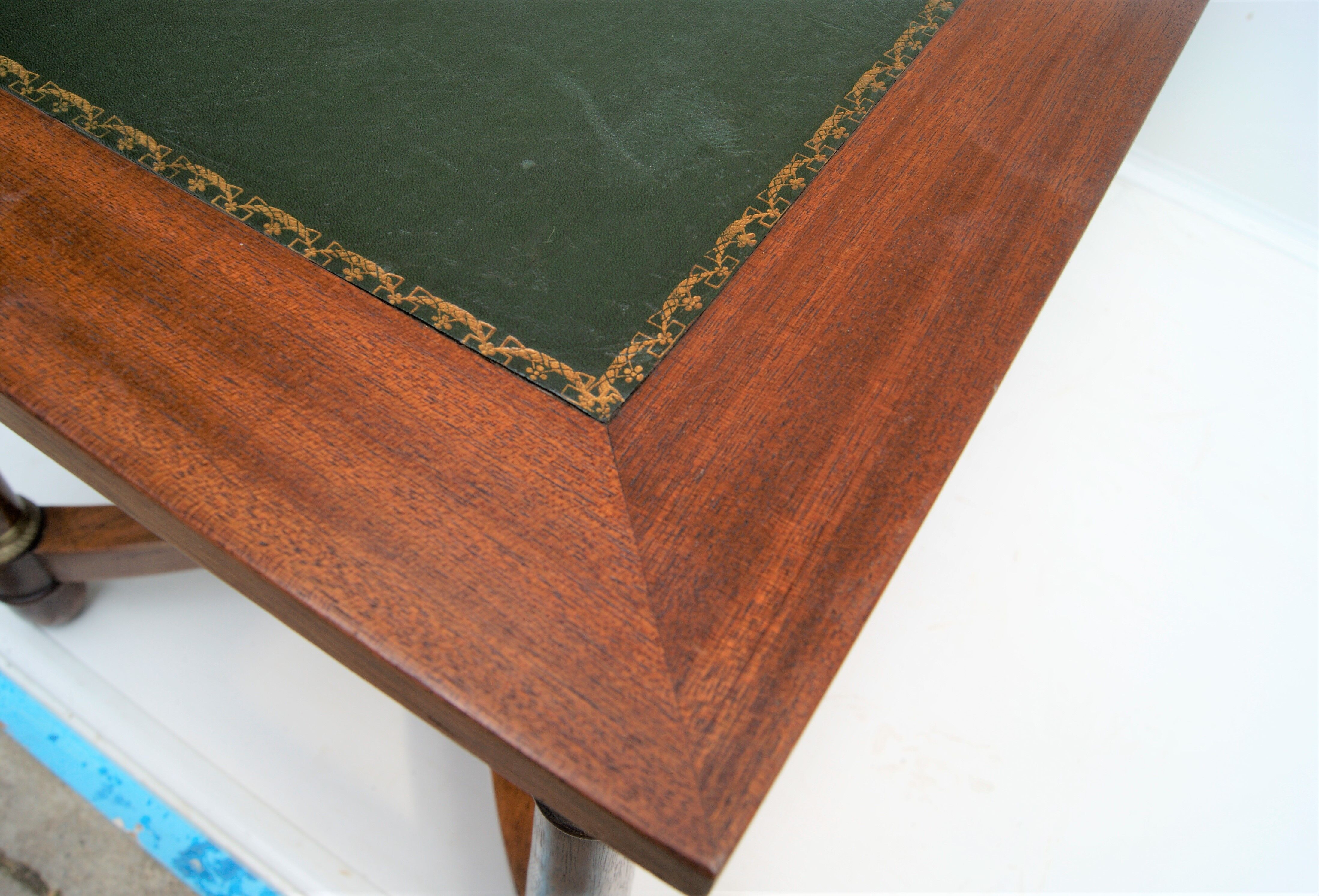 Mahogany coffee table, green leather, bronze Empire style
