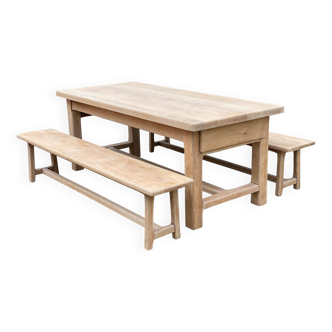 Table de ferme extensible 2 tiroirs rénovée en chêne massif brut, 2 bancs